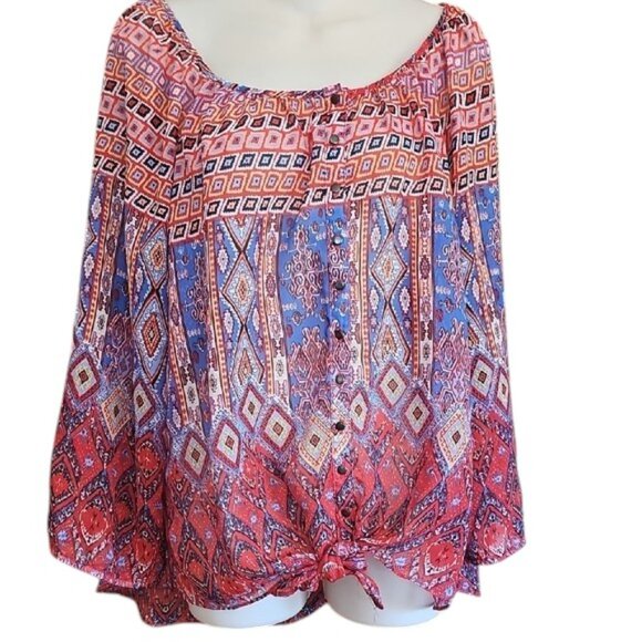 Sami & Jo Bohemian Red and Blue Women's Top button down light weight - Picture 3 of 12